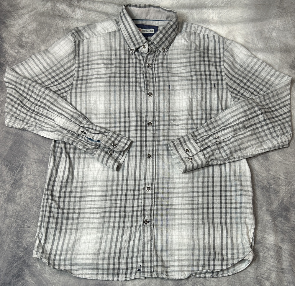 32 Bar Blues Shirt Mens Medium Gray Plaid Cotton Long Sleeve Button Up Casual